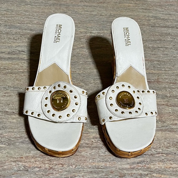Michael Kors White and Gold Leather Wedge Slide Sandals with Gold Studs - Picture 1 of 16
